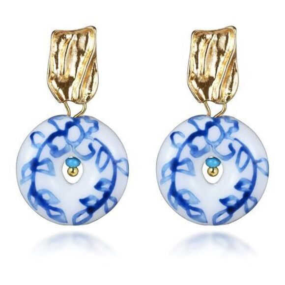 Jewelry - 5905 Blue And White Porcelain Drop Earrings Gold Plated Hypoallergenic
